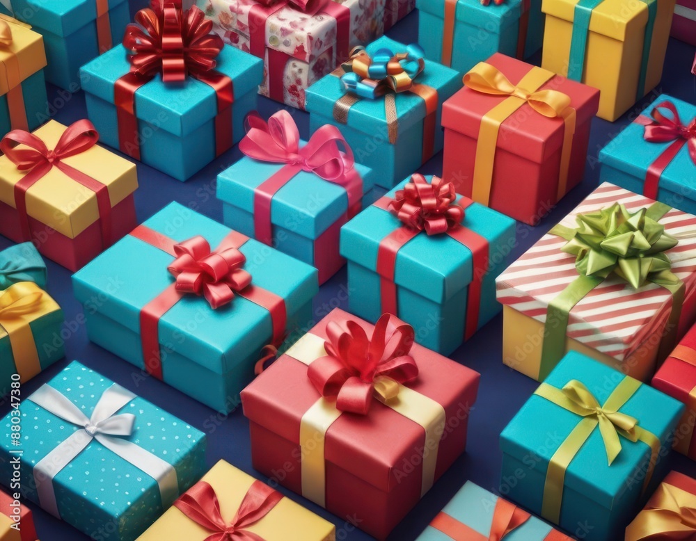 Obraz premium Colorful Wrapped Gift Boxes With Bows on Blue Surface. Generative AI