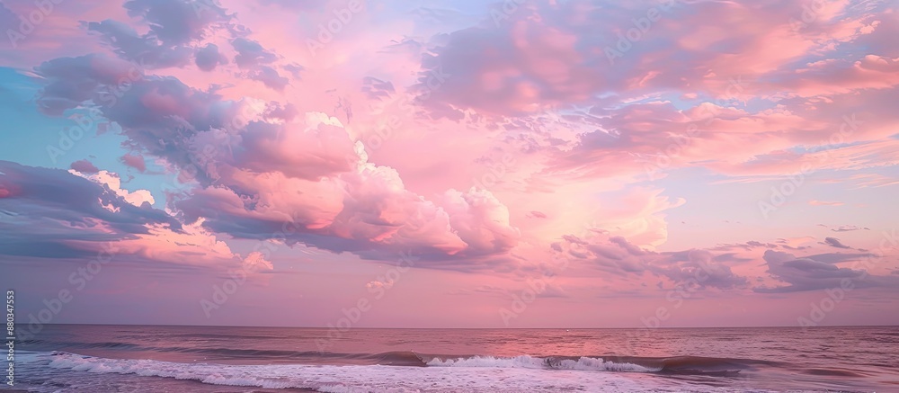 Fototapeta premium Peaceful seascape at dusk with pink tones in the sky and dramatic clouds perfect as a copy space image