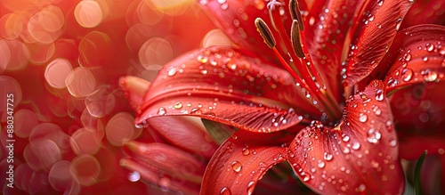 Close up of a red lily glistening with raindrops blooming in a garden setting A poster showcasing interior design women s products and beauty salons emphasizing femininity with a fresh appeal and cop