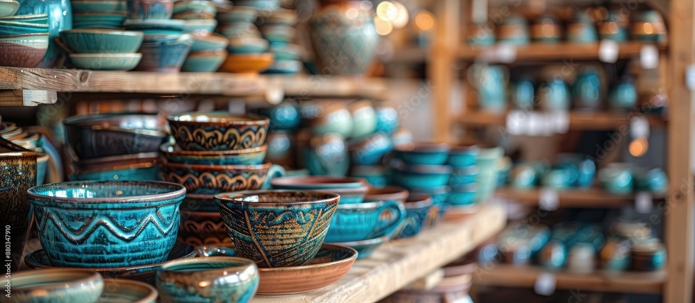 Fototapeta premium A shop specializing in pottery items perfect for finding unique ceramics with a variety of colors shapes and styles with potential copy space image