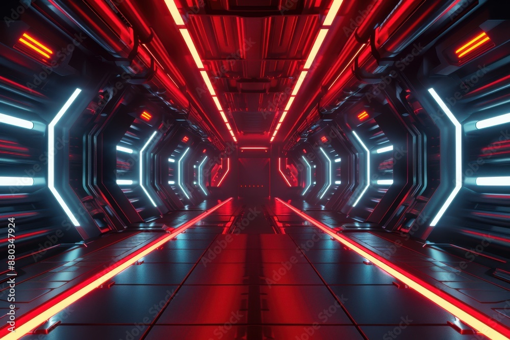 Futuristic sci-fi hallway with glowing red and white neon lights. Concept of technology, gaming, and the metaverse. Futuristic sci-fi hallway with glowing red and white neon lights. Concept of technology, gaming, and the metaverse.