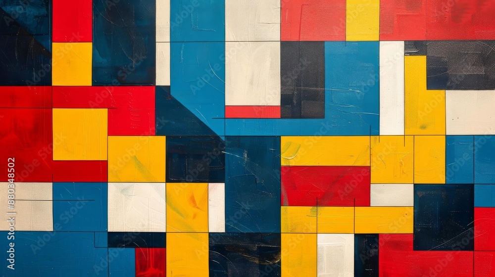 An abstract composition featuring a grid of colorful interlocking blocks The design uses bold primary colors red An abstract composition featuring a grid of colorful interlocking blocks The design uses bold primary colors red