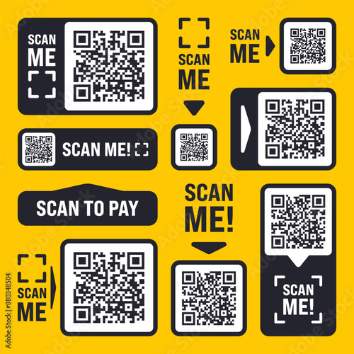 Scan me QR code sticker with text. Online payment. Special offer sale stickers, shopping discount label, promotional badge. Product serial number. Supermarket retail price tag. Vector illustration