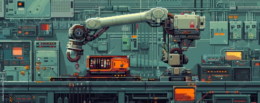 A pixel art illustration of a robot arm assembling a complex machine, its precise movements demonstrating the wonders of automation. A pixel art illustration of a robot arm assembling a complex machine, its precise movements demonstrating the wonders of automation.