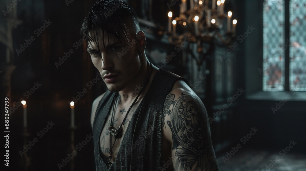 Fototapeta premium Sexy man with tattoos posing indoors on classic background.