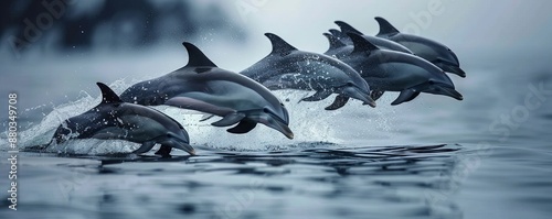 A pod of dolphins leaping out of the water in perfect synchronicity, their teamwork and coordination evident in their movements. photo