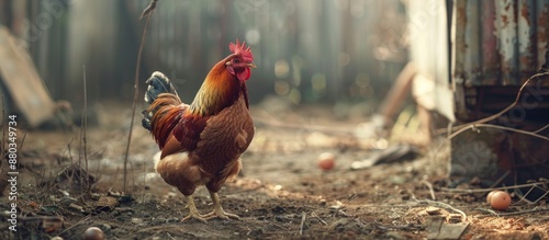A chicken roams freely in a...