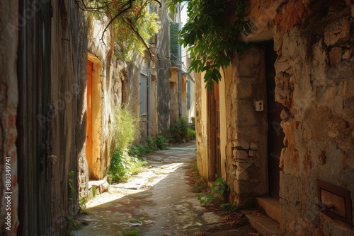 Fototapeta Naklejka Na Ścianę i Meble -  A charming narrow street in the historic old town of Kotor, featuring traditional architecture and cobblestone pavement, A maze of narrow streets in a Mediterranean town, AI generated