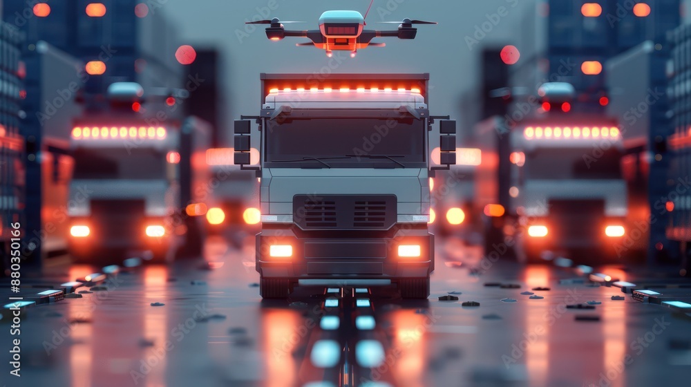 A futuristic logistics fleet including drones, trucks, and ships connected through a digital network A futuristic logistics fleet including drones, trucks, and ships connected through a digital network