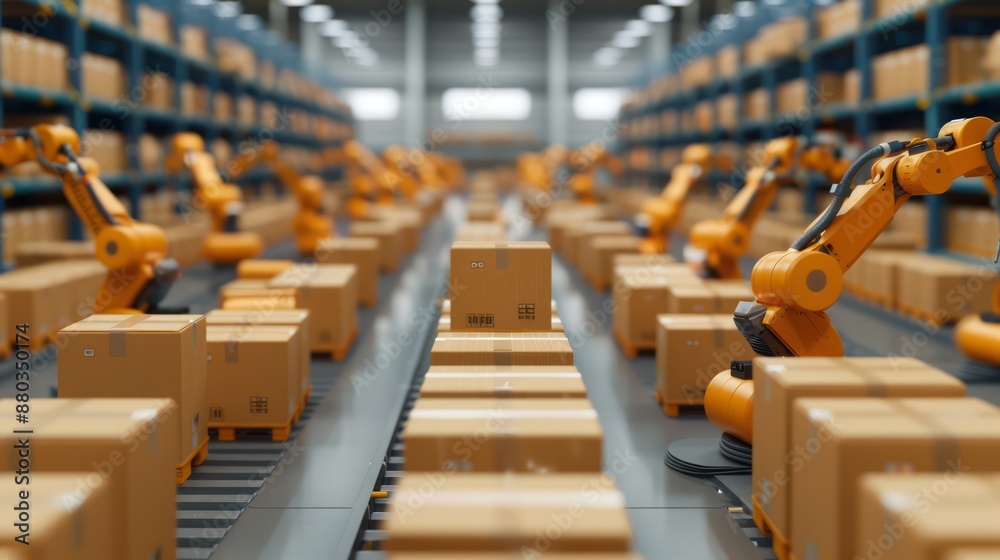Robotic arms assembling packages in an automated warehouse Robotic arms assembling packages in an automated warehouse