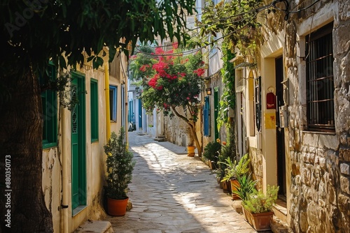 Fototapeta Naklejka Na Ścianę i Meble -  A charming narrow street in the historic old town of Kotor, featuring traditional architecture and cobblestone pavement, A maze of narrow streets in a Mediterranean town, AI generated