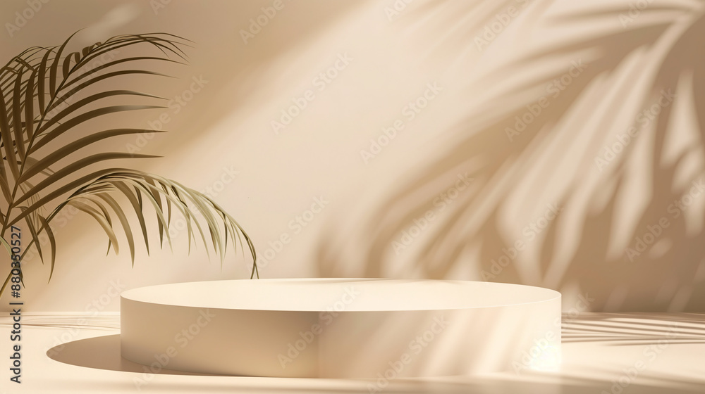 Abstract minimal background with tropical palm leaf shadow, Neutral beige display podium. Empty scene for mock up Abstract minimal background with tropical palm leaf shadow, Neutral beige display podium. Empty scene for mock up