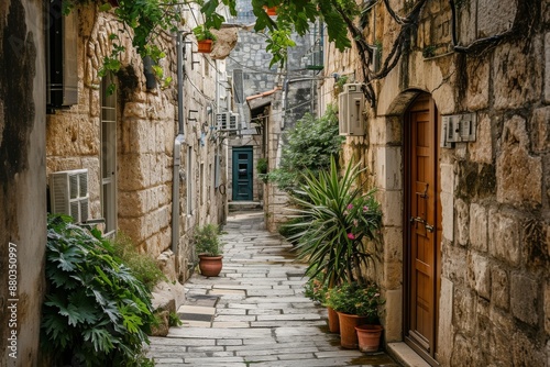 Fototapeta Naklejka Na Ścianę i Meble -  A charming narrow street in the historic old town of Kotor, featuring traditional architecture and cobblestone pavement, A maze of narrow streets in a Mediterranean town, AI generated