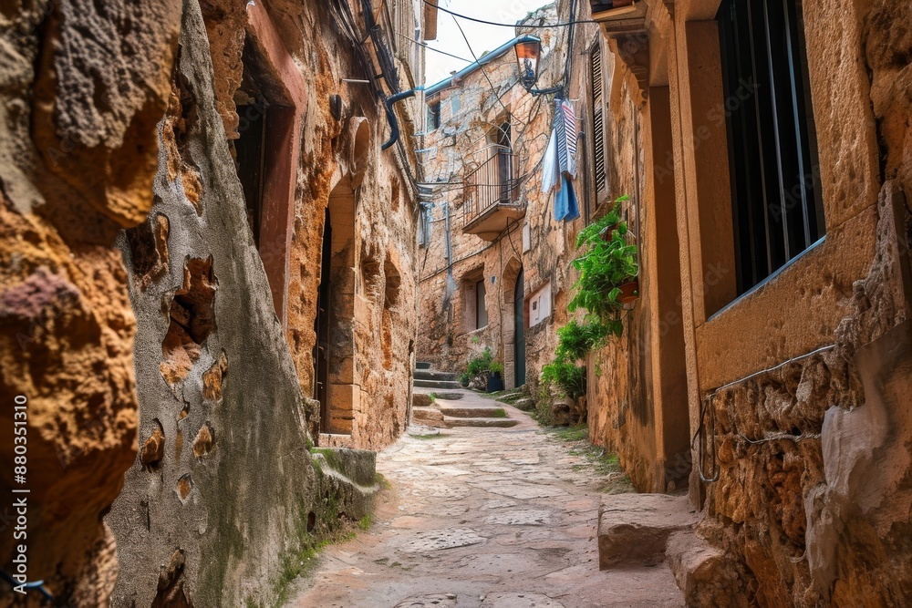 A charming narrow street in the historic old town of Kotor, featuring traditional architecture and cobblestone pavement, A maze of narrow streets in a Mediterranean town, AI generated A charming narrow street in the historic old town of Kotor, featuring traditional architecture and cobblestone pavement, A maze of narrow streets in a Mediterranean town, AI generated