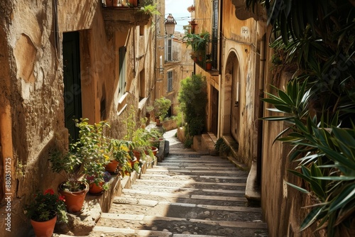 Fototapeta Naklejka Na Ścianę i Meble -  A narrow street in the old town of Kotor, lined with ancient stone buildings and colorful shutters, A maze of narrow streets in a Mediterranean town, AI generated