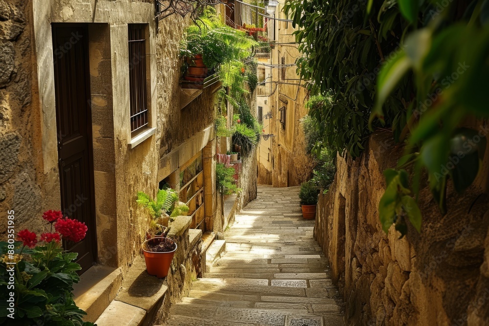 Fototapeta premium A narrow street in the old town of Kotor, lined with ancient stone buildings and colorful shutters, A maze of narrow streets in a Mediterranean town, AI generated