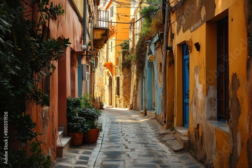 Fototapeta Naklejka Na Ścianę i Meble -  A narrow street in the old town of Kotor, lined with ancient stone buildings and colorful shutters, A maze of narrow streets in a Mediterranean town, AI generated