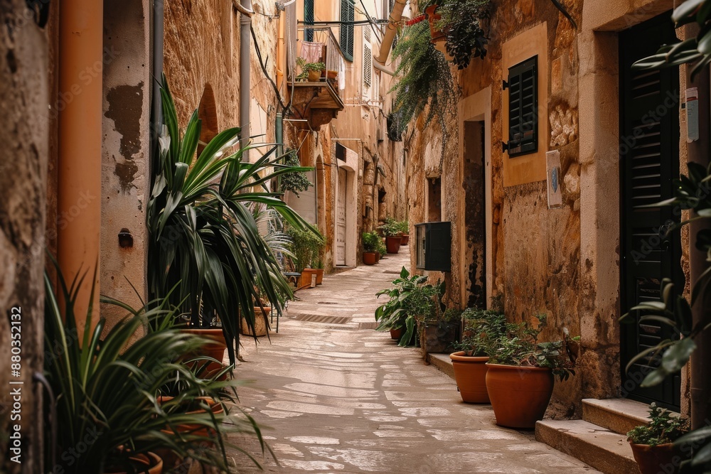 Obraz premium A narrow street in the old town of Kotor, lined with ancient stone buildings and colorful shutters, A maze of narrow streets in a Mediterranean town, AI generated