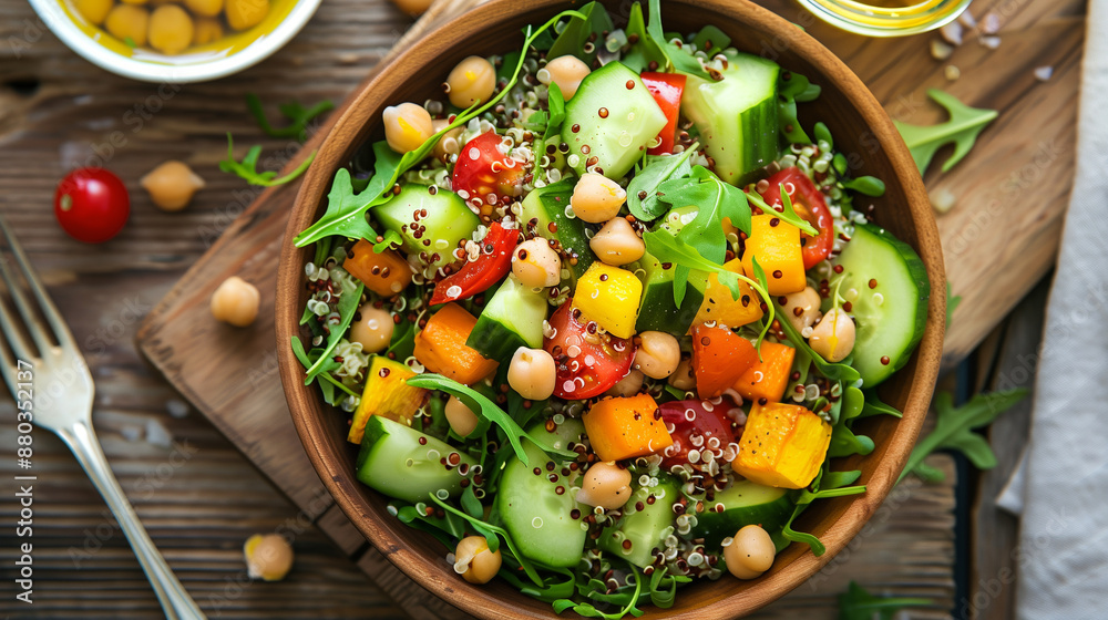 Quinoa salad with roasted vegetables and chickpeas on rustic table Quinoa salad with roasted vegetables and chickpeas on rustic table