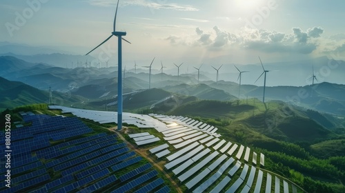 Aerial view of a wind turbine farm with solar panels on a hilly landscape under a cloudy sky, promoting renewable energy and sustainability.