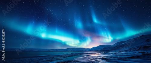 Majestic Sky with Aurora and Stars. Blue Northern Lights Banner with copy-space. 