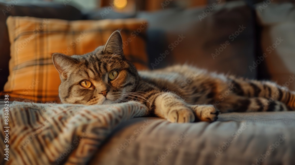 Beautiful short-haired cat lying on the sofa at home, cozy living room with warm ambient lighting, peaceful and relaxed atmosphere Beautiful short-haired cat lying on the sofa at home, cozy living room with warm ambient lighting, peaceful and relaxed atmosphere