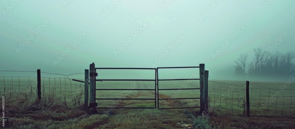 An old metal farm gate stands alone at the meadow s edge on a misty morning portraying a gate leading to an empty space in a captivating copy space image