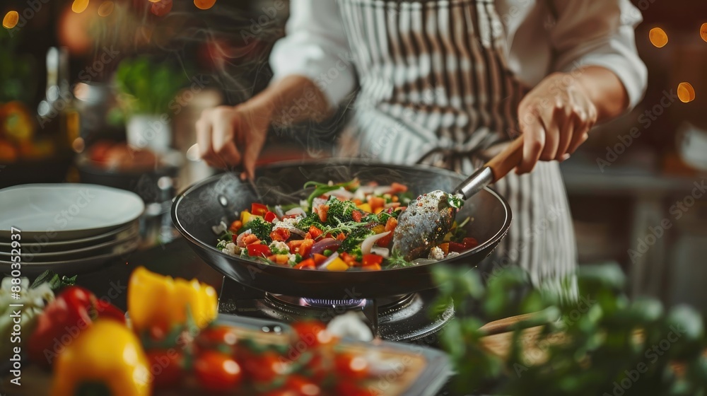 Chef cooking a colorful vegetable stir-fry in a kitchen with ingredients in the foreground. Healthy food preparation with fresh produce. Chef cooking a colorful vegetable stir-fry in a kitchen with ingredients in the foreground. Healthy food preparation with fresh produce.