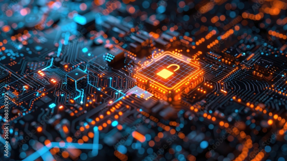 Fototapeta premium Circuit board with glowing orange padlock icon symbolizing cybersecurity, data protection, and technology innovation.
