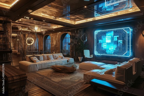 A contemporary living room featuring white furnishings and blue lighting, A living room with holographic entertainment system, AI generated