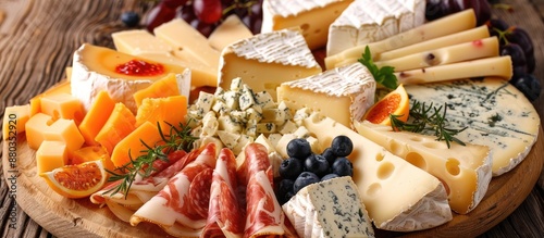 A platter of assorted cheeses with appetizers including a copy space image