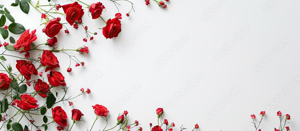 An aerial view showcasing vibrant red roses blooming beautifully on a clean white backdrop in a creative arrangement with ample copy space image An aerial view showcasing vibrant red roses blooming beautifully on a clean white backdrop in a creative arrangement with ample copy space image