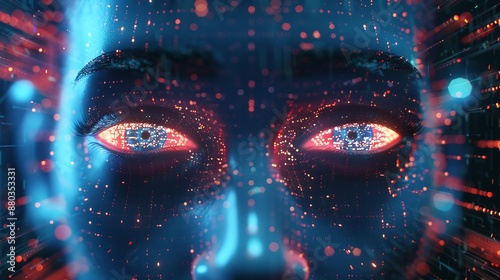 Digital human face with abstract ai elements, big data visualization, and cyber security concept - 3d illustration featuring futuristic technology, artificial intelligence, and data networks,