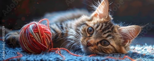 A photorealistic painting of a cat playing with a ball of yarn. © Coosh448