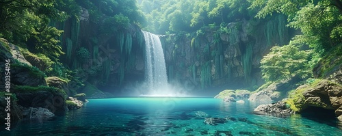 Majestic waterfall plunging into a hidden lagoon, 4K hyperrealistic photo