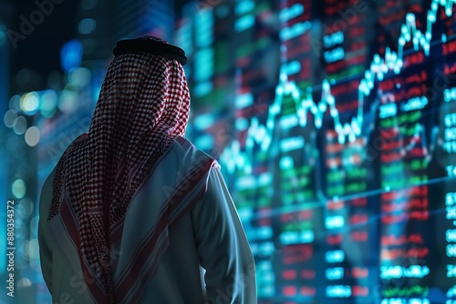 Saudi Gulf Arab man wearing a traditional white thobe and red shemagh standing in front of a graph of economic growth 3d hologram background.