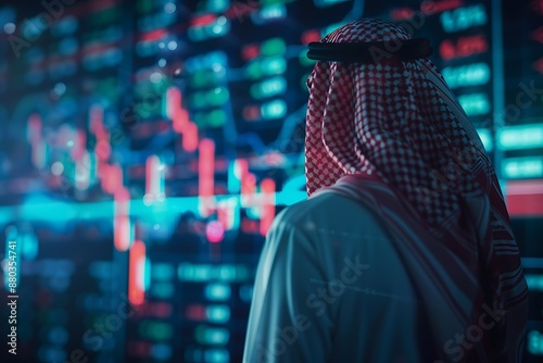 Saudi Gulf Arab man wearing a traditional white thobe and red shemagh standing in front of a graph of economic growth 3d hologram background.
