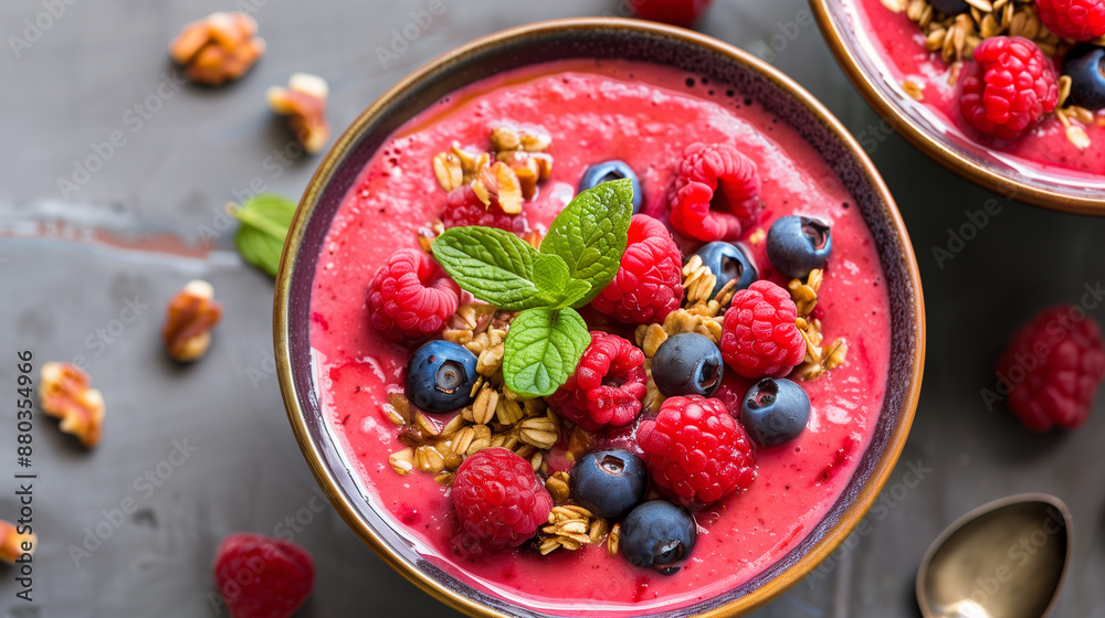 Smoothie bowls topped with berries and nuts. Smoothie bowls topped with berries and nuts.