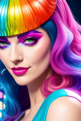 an image of a Colourful, 1970s closeup of a beautiful disco woman, 1970s fashion, retro, vintage, rainbow colors, stylish, retro hairstyle,  Beauty, Glamour, Funky, Sequins,