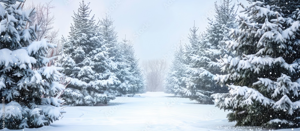 Snow covered trees in a picturesque winter Christmas scene perfect for a festive copy space image Snow covered trees in a picturesque winter Christmas scene perfect for a festive copy space image