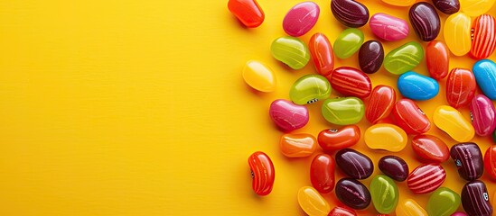 Top view of a colorful assortment of sweet jelly beans on a vibrant yellow background with space for adding text or other elements in the image. Copy space image. Place for adding text and design