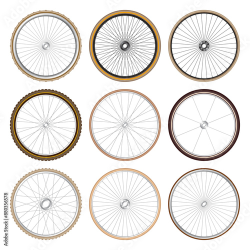 Realistic 3d retro bicycle wheels. Vintage bike rubber tyres, shiny metal spokes and rims. Fitness cycle, touring, sport, road and mountain bike. Vector illustration