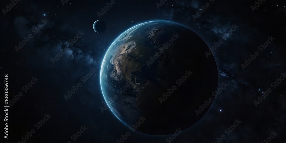 Obraz premium Dark abstract background illustration of endless space with a planet in middle of nowhere, endless darkness of infinite space, astronomical illustration designed with AI