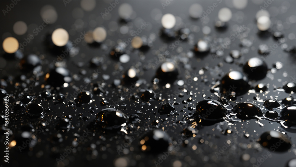 The image shows a close-up of many round water droplets scattered on a black surface.
The image shows a close-up of many round water droplets scattered on a black surface.