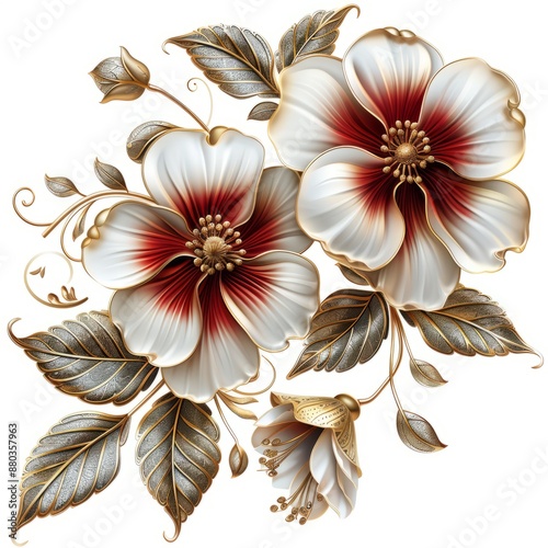 Red metallic realistic flower with gold leaves and red petals  