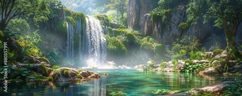 A serene waterfall cascading down a moss-covered cliff into a crystal-clear pool. © Coosh448