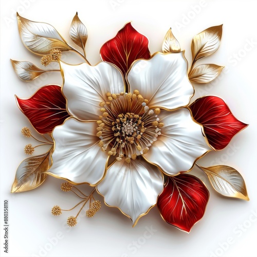 Red metallic realistic flower with gold leaves and red petals  