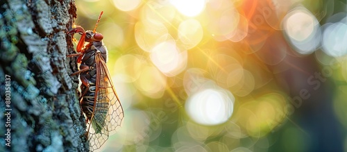 Macro image of cicadas molting on a tree in a nature scene with copy space image available photo