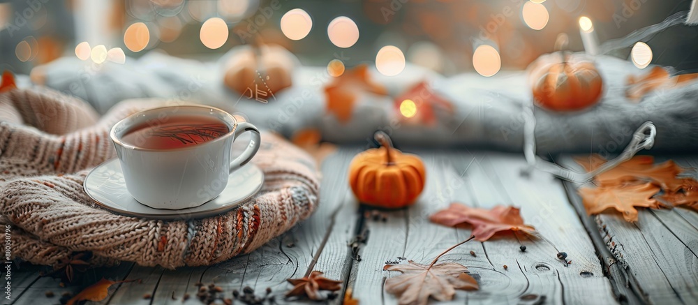 Cozy autumn scene with a warm cup of tea pumpkins fall foliage and a scarf on a wooden table creating a hygge atmosphere for Thanksgiving with a copy space image Cozy autumn scene with a warm cup of tea pumpkins fall foliage and a scarf on a wooden table creating a hygge atmosphere for Thanksgiving with a copy space image