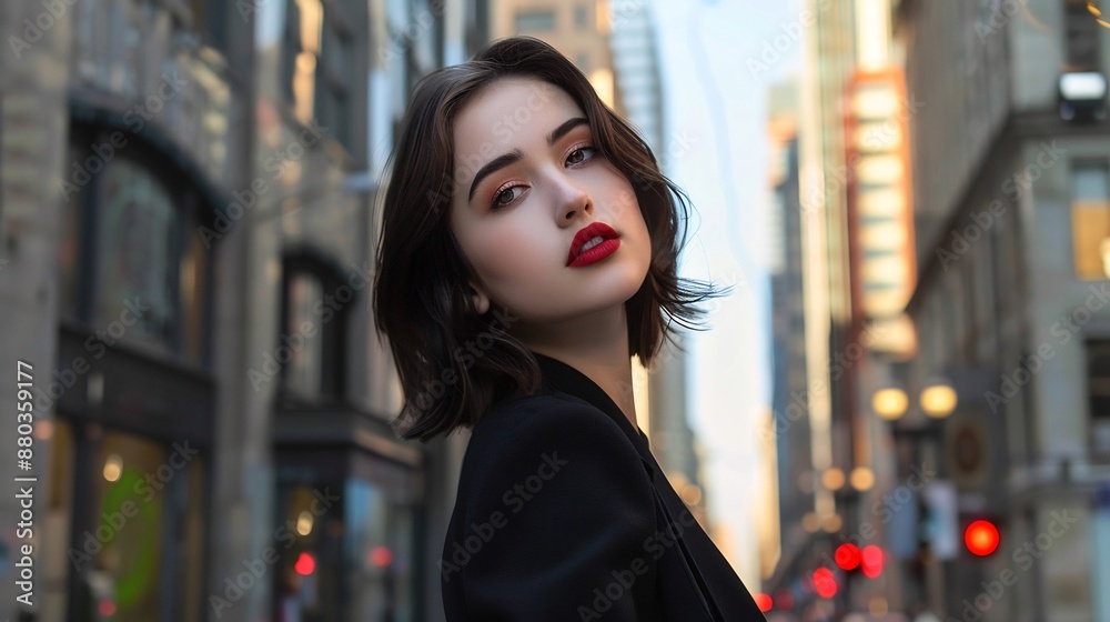 A beautiful female model in a dress and red lips in the middle of the city A beautiful female model in a dress and red lips in the middle of the city